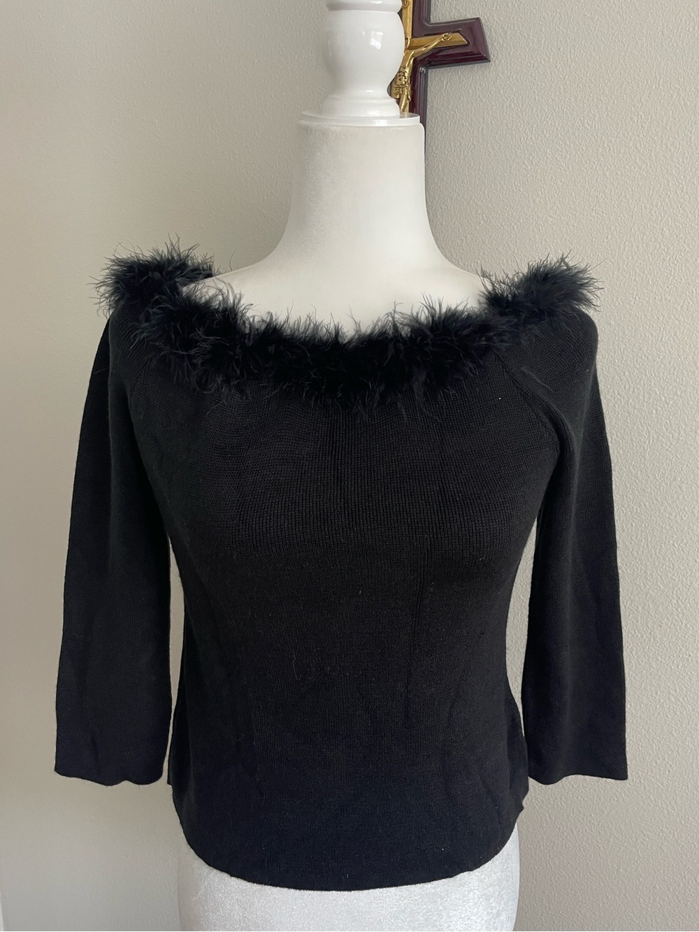 Spoiled Black Off-the-Shoulder Feather-Trim Sweater